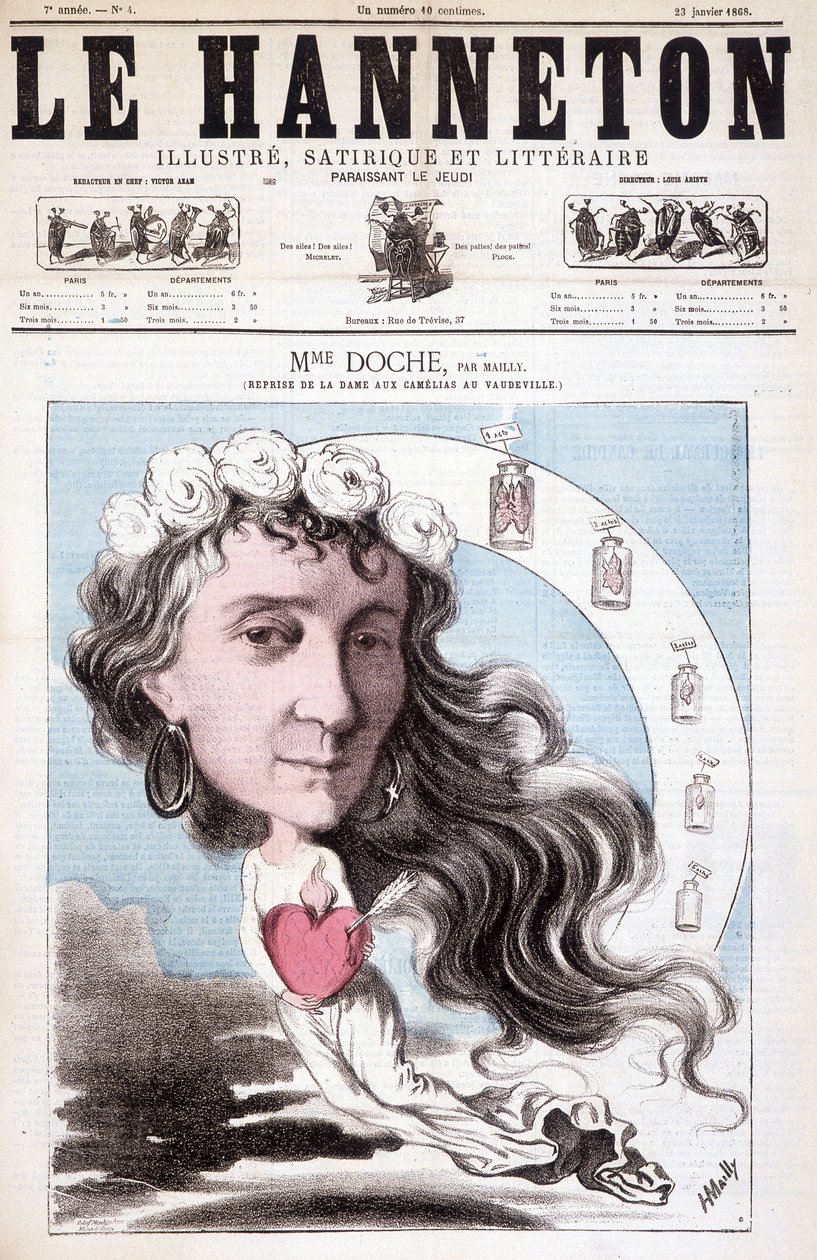 Portret Eugénie Doche grającej w okładce w wodewilowym teatrze „La Dame aux Camélias””, napisany przez Alexandre Dumas (dźwięk) w 1852 roku. W Le Hanneton, 23 stycznia autorstwa Unknown artist