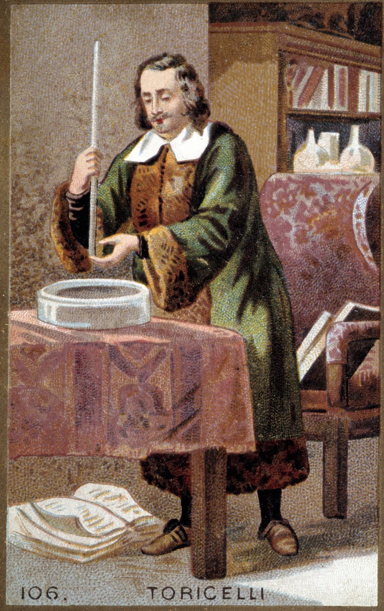 Portret Evangelisty Torricelli lub Toricelli (1608-1647), włoskiego fizyka, ze swoim wynalazkiem: Barometrem (rurka rtęciowa). autorstwa Unknown artist