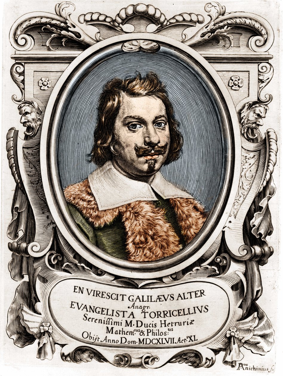 Portret Evangelisty Torricelli lub Toricelli (1608 - 1647), włoskiego fizyka. Rycina z XVII wieku. autorstwa Unknown artist