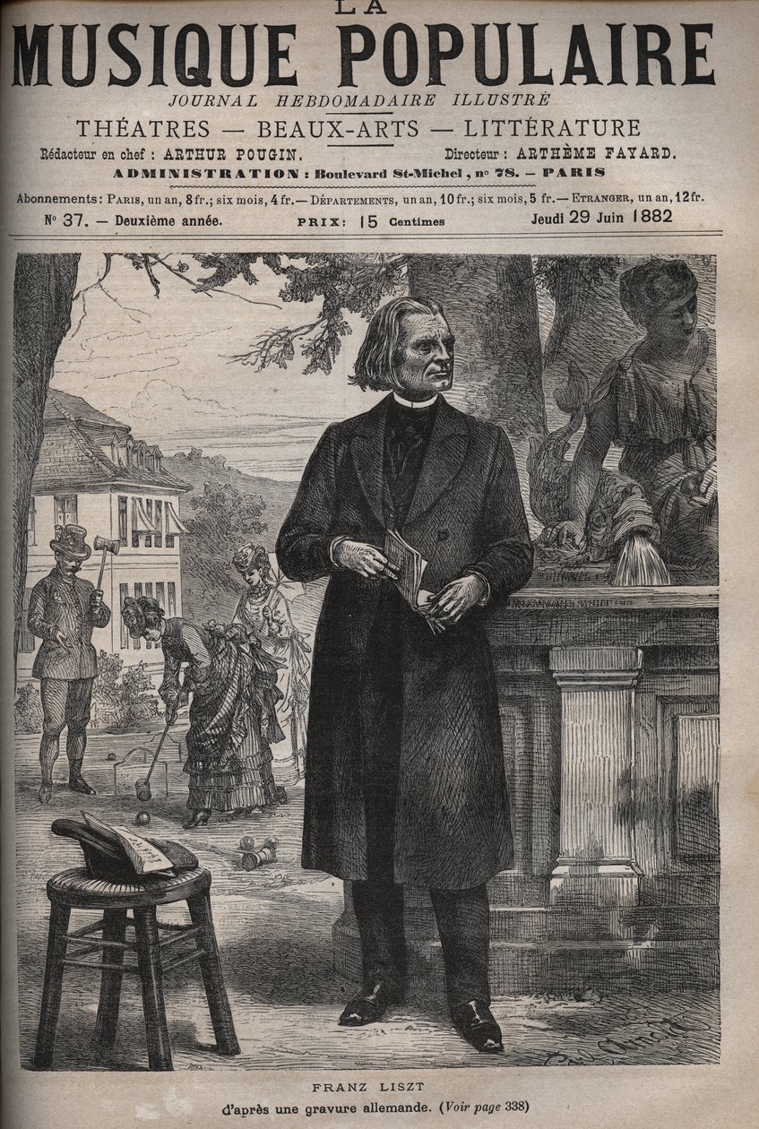 Portret Franciszka Liszta (1811-1886), węgierskiego kompozytora, pianisty i dyrygenta (Franz Liszt, węgierski kompozytor, pianista i dyrygent) grawer w znakomitym tygodniku „Muzyka popularna”” - 1882 autorstwa Unknown artist