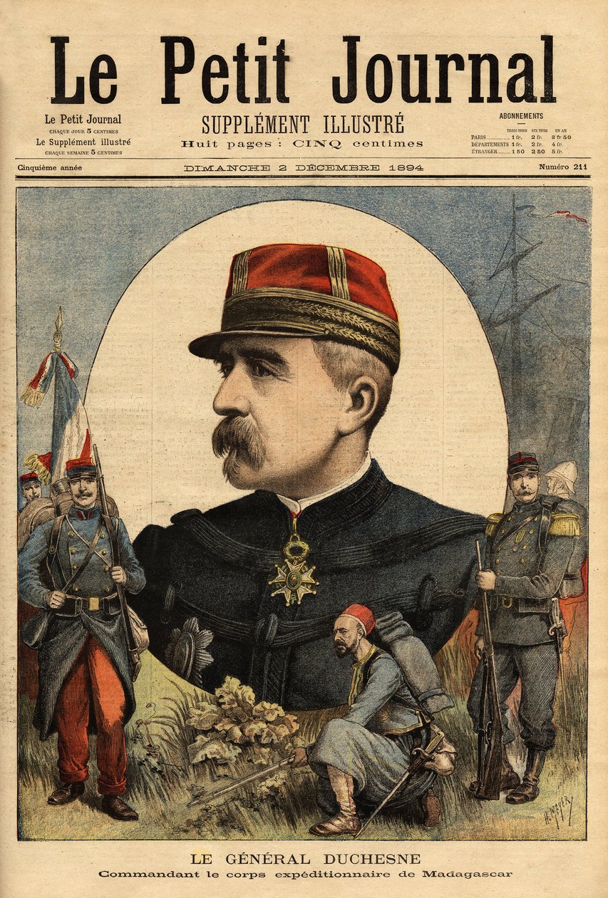 Portret generała Jacquesa Charlesa Duchesne (1837-1918), dowódcy sił zbrojnych wysłanych na Madagaskar w 1894 roku, zajął Tananarive. Grawerowanie w „Le petit journal”” 12.03.1894. Kolekcja Selvy. autorstwa Unknown artist