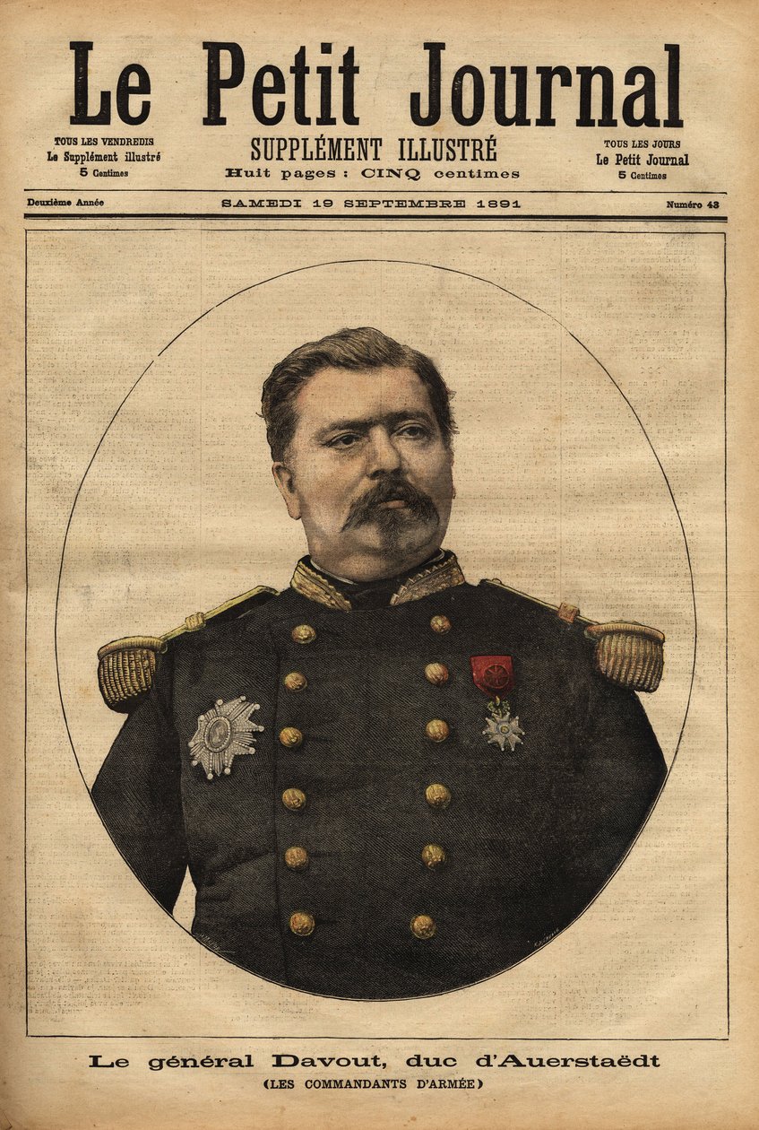 Portret generała Leopolda Davouta, księcia Auerstaedt (1829-1904), szefa sztabu Armii Francuskiej, który brał udział w katastrofie wojny francusko-pruskiej (1870) Napoleona III (1808-1873). Grawer w „Le petit journal”” 17.09.1891. Selva za autorstwa Unknown artist