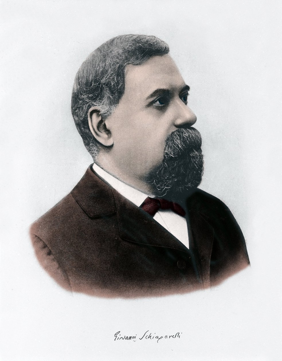 Portret Giovanniego Virginio Schiaparellego (1835-1910), astrofizyka. Zaobserwował prostoliniowe konfiguracje na planecie Mars, które nazwał marsjańskimi kanałami (canali). Rycina z około 1900 r. autorstwa Unknown Artist