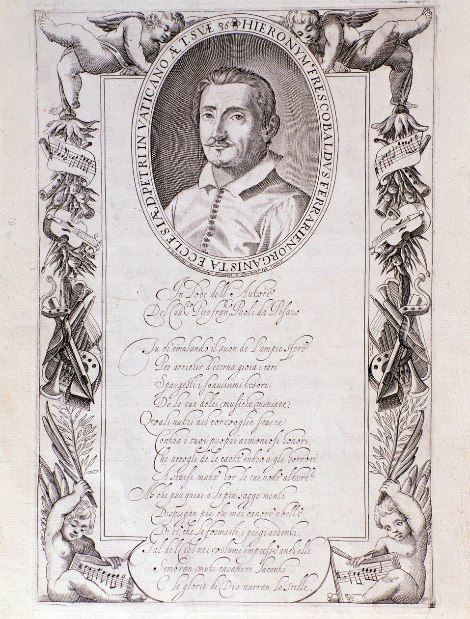 Portret Girolamo Frescobaldi (1583-1643) włoskiego kompozytora Grawerowanie z frontyspisu partytury „”Tocrate”. 1637. Bolonia, Muzeum Miejskie autorstwa Unknown artist
