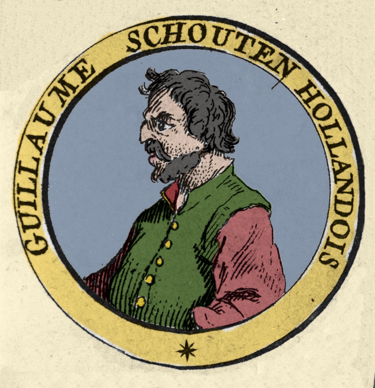 Portret Guillaume (Willem Cornelisz) Schouten (lub Schoutten) (1567-1625) holenderski nawigator. Rycina XIX wieku autorstwa Unknown artist