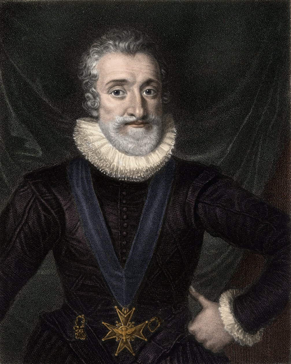 Portret Henryka IV (1553-1610) króla Francji, z naszyjnikiem z insygniami Orderu Ducha Świętego (Order Ducha Świętego) - Henryk IV (Henryk Nawarry lub Burbon) (1553-1610), z insygnia Zakonu Ducha Świętego - grawerowanie autorstwa Unknown artist