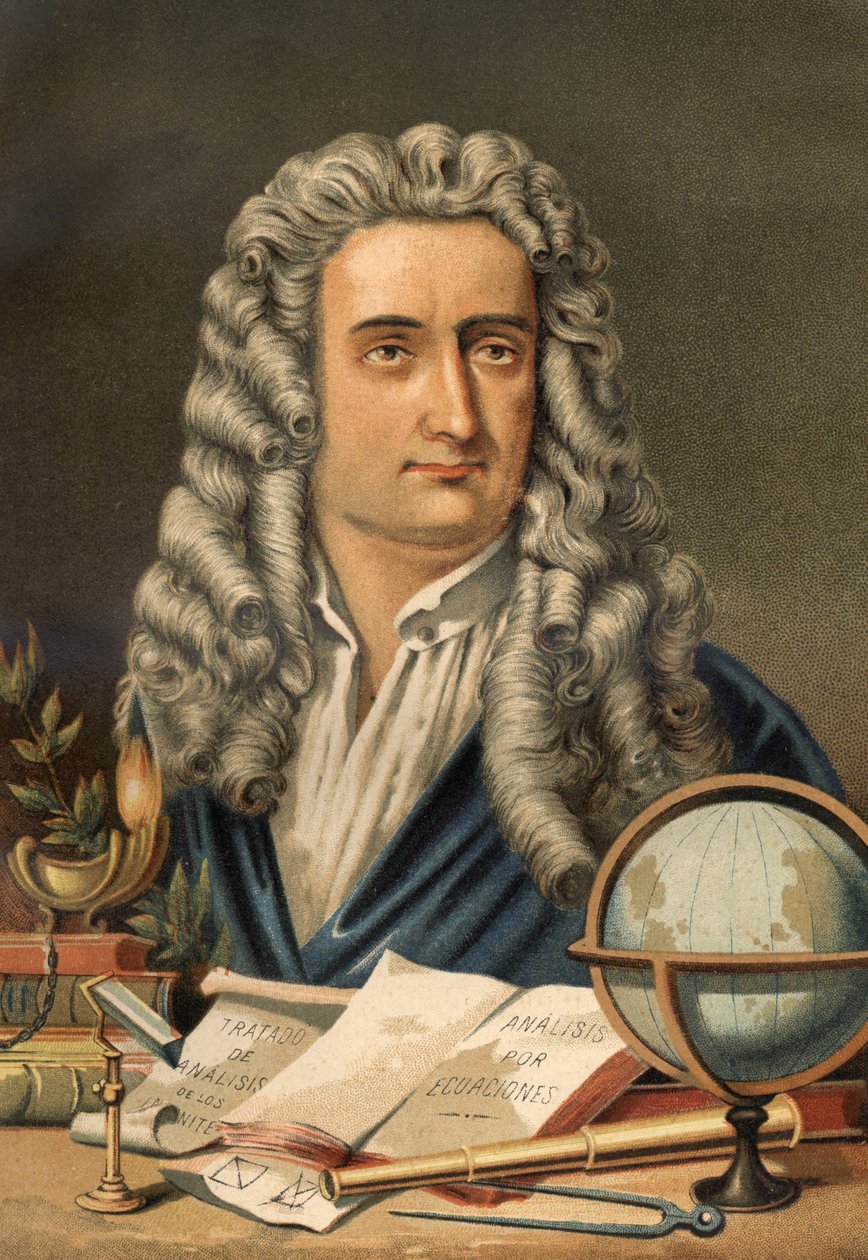 Portret Isaaca Newtona (1642-1727), angielskiego matematyka, fizyka i astronoma. z „Nauka i jej ludzie” Louisa Figuiera. Barcelona 1881 autorstwa Unknown artist