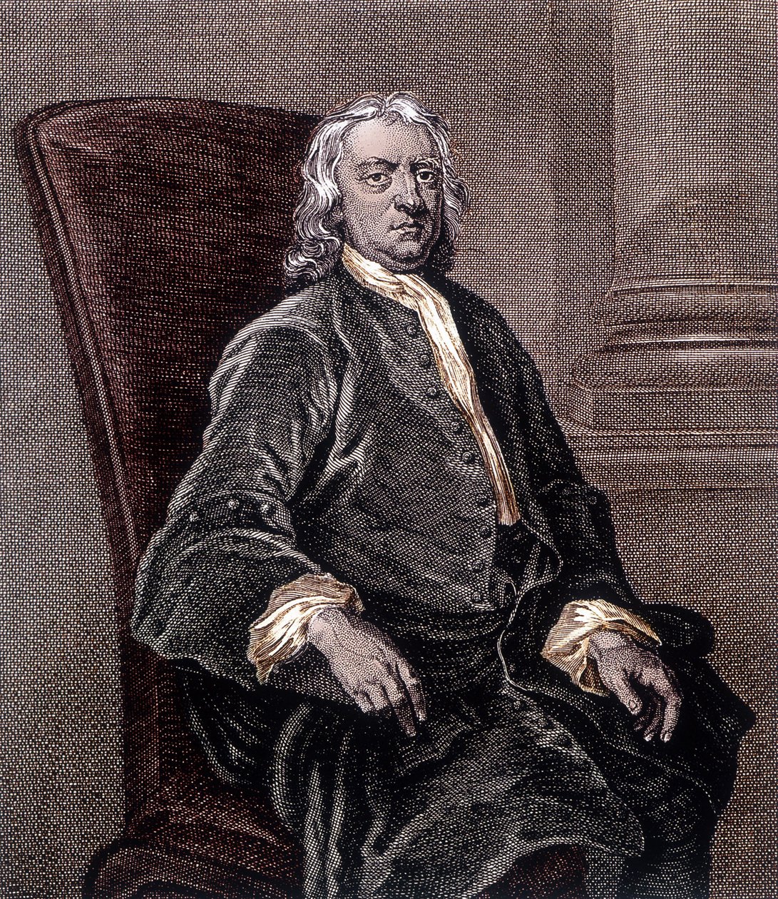 Portret Izaaka Newtona siedzącego w fotelu – grawerowanie autorstwa Unknown artist