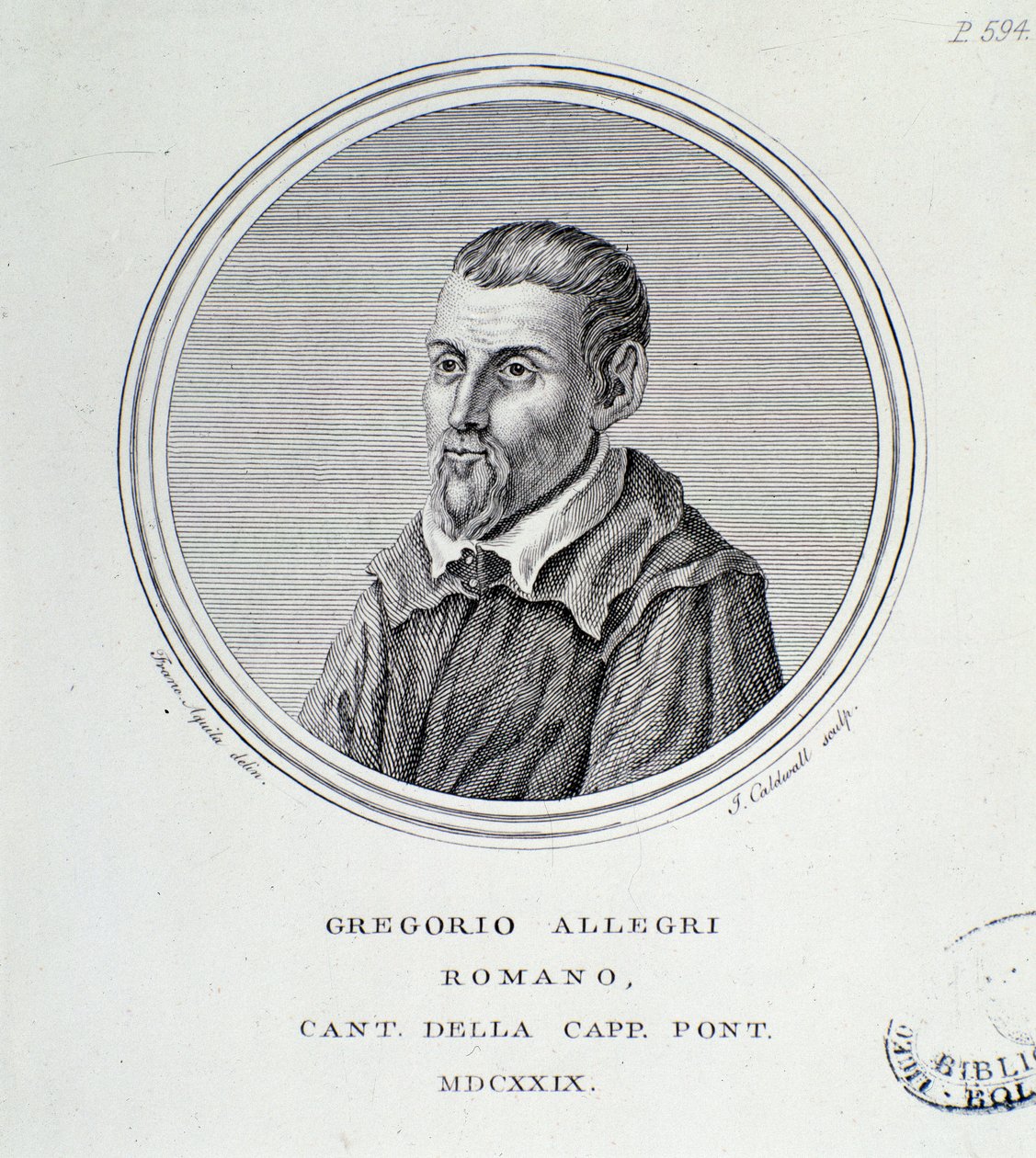 Portret włoskiego kompozytora Gregorio Allegri (1582-1652) Rycina. 1629. Bolonia, miejskie muzeum bibliograficzne autorstwa Unknown artist