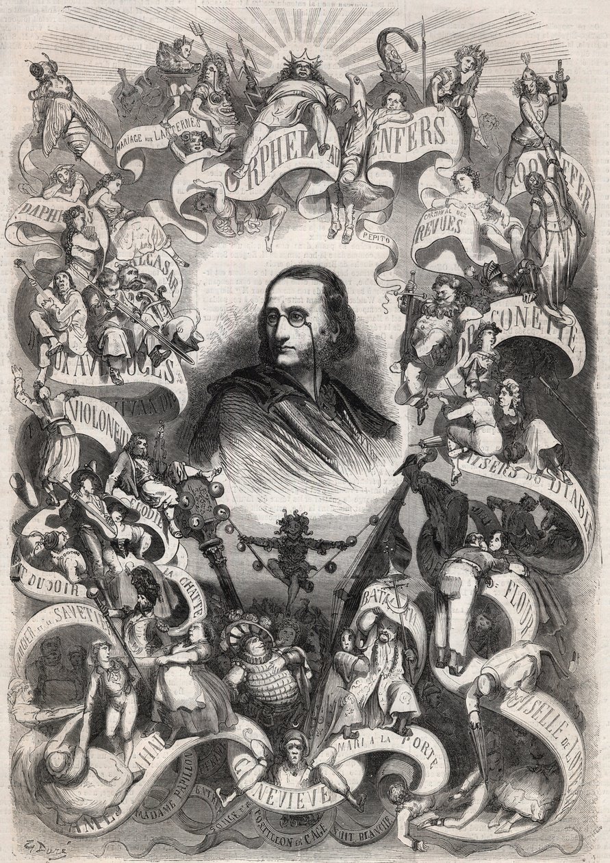 Portret Jacquesa Offenbacha (1819-1880), francuskiego kompozytora i dyrektora teatru des Bouffes Parisiens, otoczonego postaciami jego dzieł - Grawerowanie w „”Le Monde Illustré”” autorstwa Unknown artist