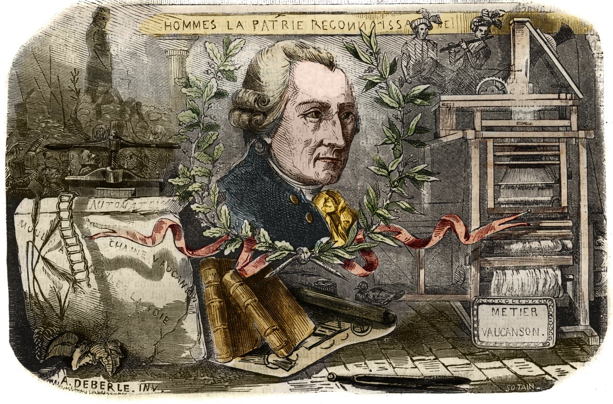 Portret Jacquesa de Vaucansona (1709-1782), francuskiego mechanika i wynalazcy automatów. Grawer z 1857 roku w „Le Musee Des Sciences”” autorstwa Unknown artist