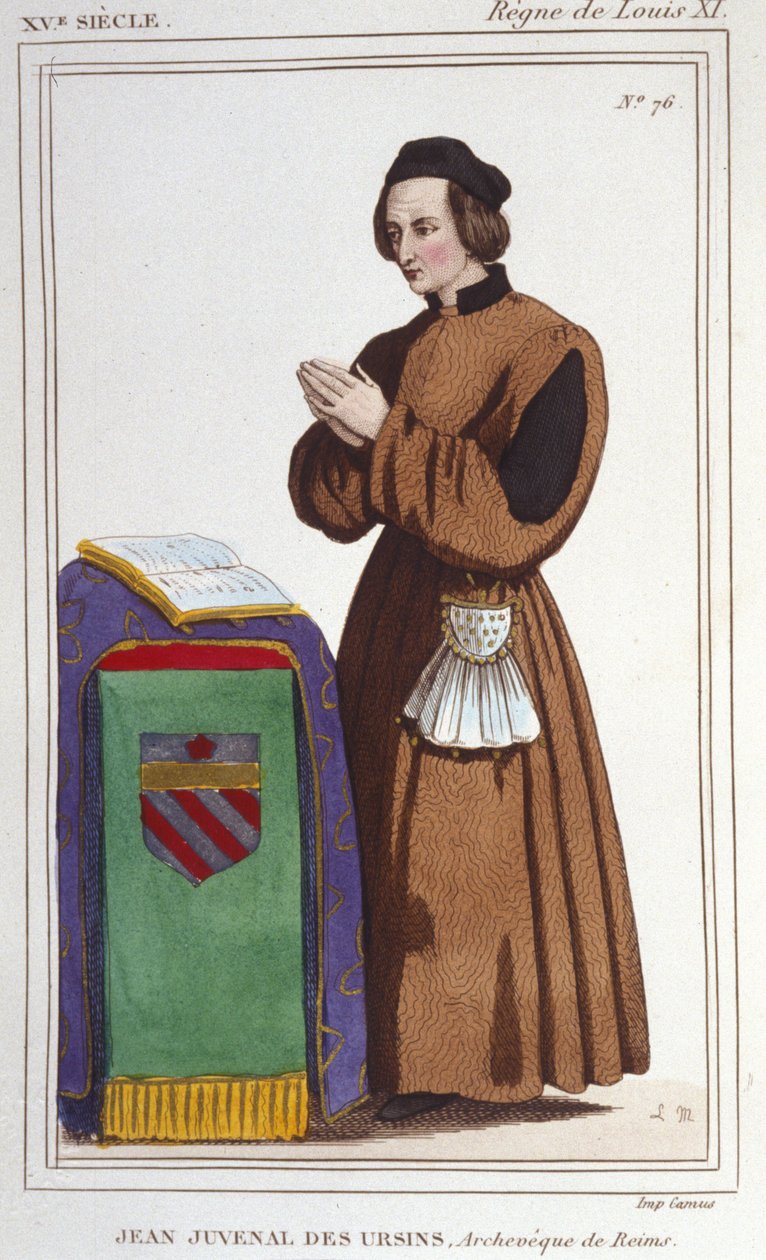 Portret Johna Juvenala des Ursins: Od jego prawdziwego nazwiska Jouvenel. Urodzony w 1388 (Paryż), zmarł w 1473 (Reims, Marne) w wieku 85 lat. Korzystał z następujących źródeł dochodów: biskup Beauvais, arcybiskup Reims, biskup Laon, duchowieństwo, adwokat autorstwa Unknown artist