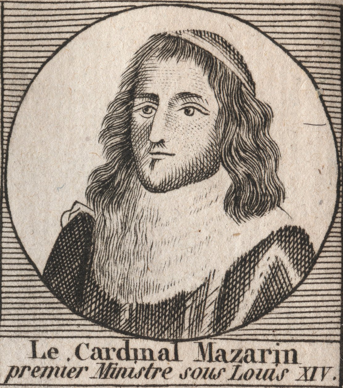 Portret Julesa Mazarina (1602-1661), znanego jako kardynał Mazarin, premier za Ludwika XIV - kardynał Mazarin był głównym ministrem Ludwika XIV - rycina z „Instruction sur l