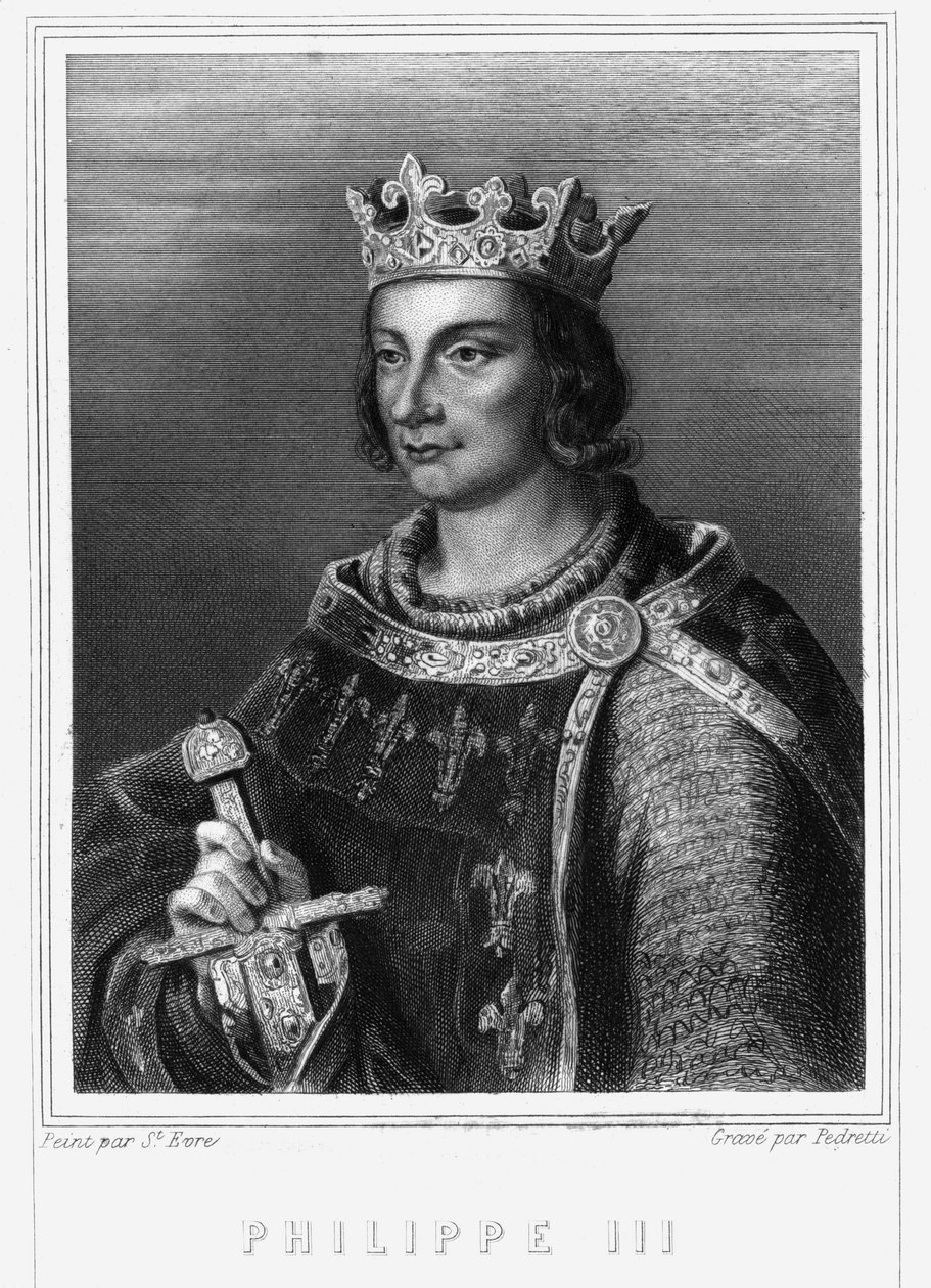 Portret króla Francji Filipa III, znanego jako Filip Hardi (1245-1285) (dynastia Kapetyńska). Filip III, król Francji. Filip III Śmiały (1245-1285) - w „Histoire des Français” Lavallée, rycina, sd. autorstwa Unknown artist