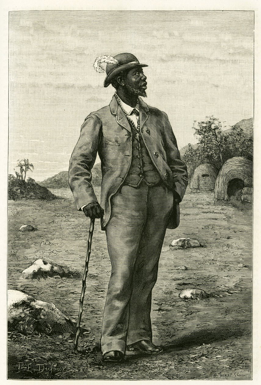 Portret króla Seppopo z Zambeze (dzisiejsza Afryka Południowa), ubranego w stylu europejskim, rycina P. Dufoura, ilustrująca opowieść „Au pays des Marutses”, w latach 1875-1879, autorstwa dr. Emile Holuba (1847- 1902). Opublikowano w Tour du monde, 2. seme autorstwa Unknown artist