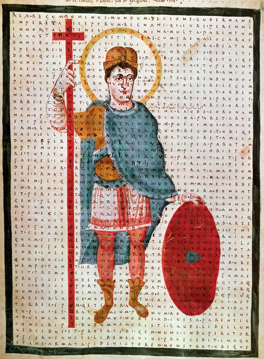 Portret Ludwika I Pobożnego lub Debonnaire" (778-840), króla Francji"" miniatura w "Juniach od Krzyża Świętego" (lub Kodeksie Wiedeńskim) autorstwa Rabanus Maurus Magnentius (lub Raban Maur lub Rabano Mauro) ( ok. 780-856), 830 wokół Wiednia, Osterreichisc autorstwa Unknown artist