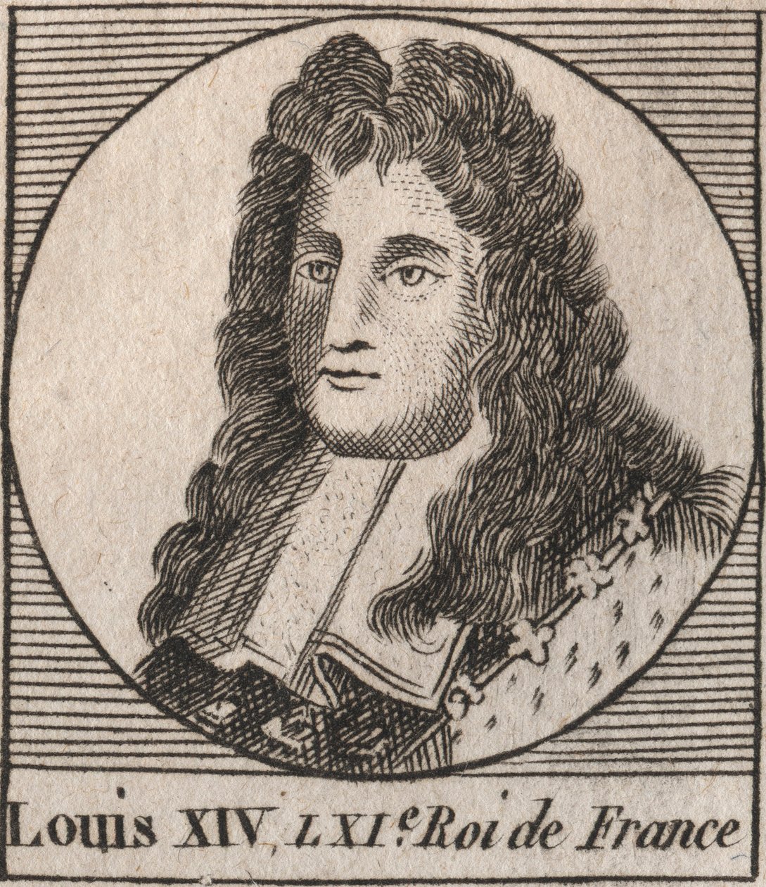 Portret Ludwika XIV (1638-1715), czyli Ludwika Wielkiego lub króla Solei, króla Francji - Ludwika XIV, znanego jako Ludwik Wielki lub Król Słońce - rycina z „Instruction sur l