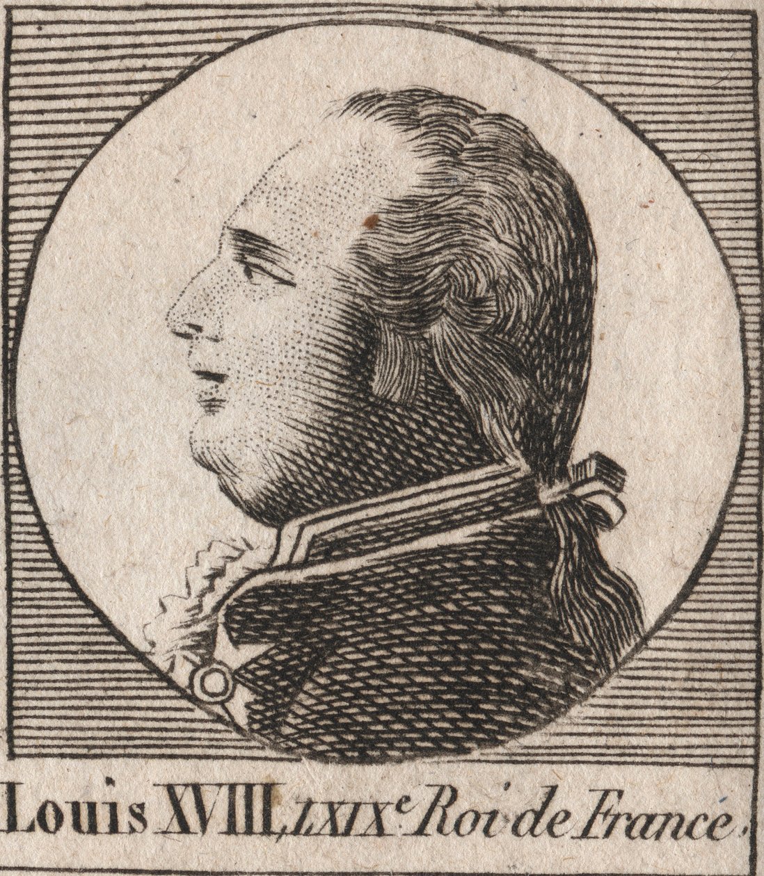 Portret Ludwika XVIII (1755-1824), nazywanego Pożądaniem, Króla Francji i Nawarry od 1814 do 1815 oraz od 1815 do 1824 - Ludwika XVIII, znanego jako Pożądany, króla Francji - rycina z „Instrukcji sur l