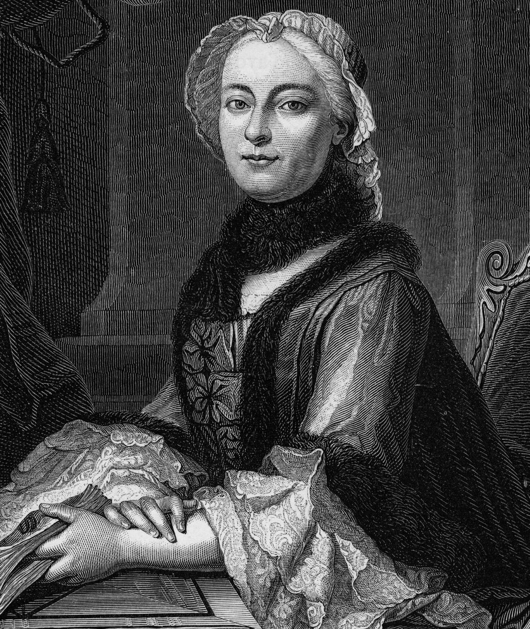 Portret Madame Geoffrin, z domu Marie Therese (Marie-Therese) Rodet (1699-1777) - Grawerowanie z 1862 r. w „Królowych świata” naszych pierwszych pisarzy, Książka wydana pod kierunkiem Jean Germain Desire Armandaud autorstwa Unknown artist