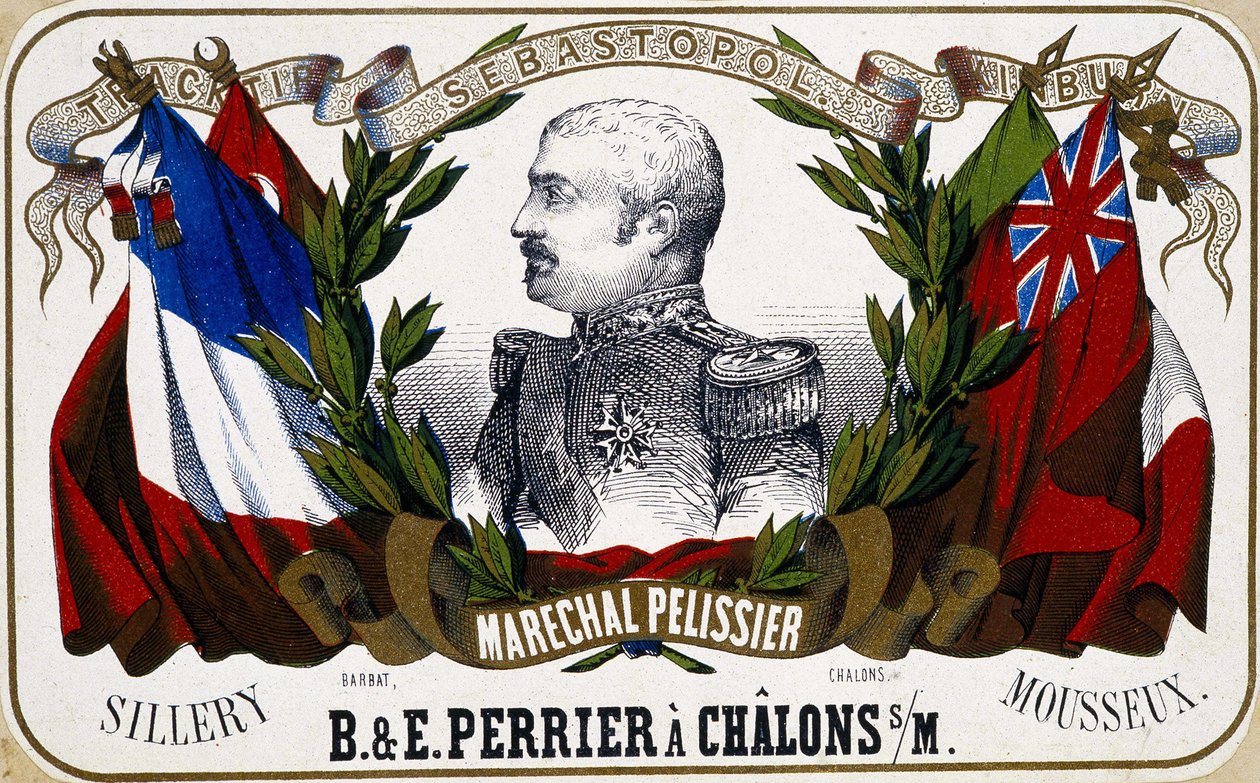 Portret Maréchala Pelissiera na szampańskiej etykiecie „”B. & E. Perrier à Chalôns sur Marne””, sd. 19 wiek. autorstwa Unknown artist