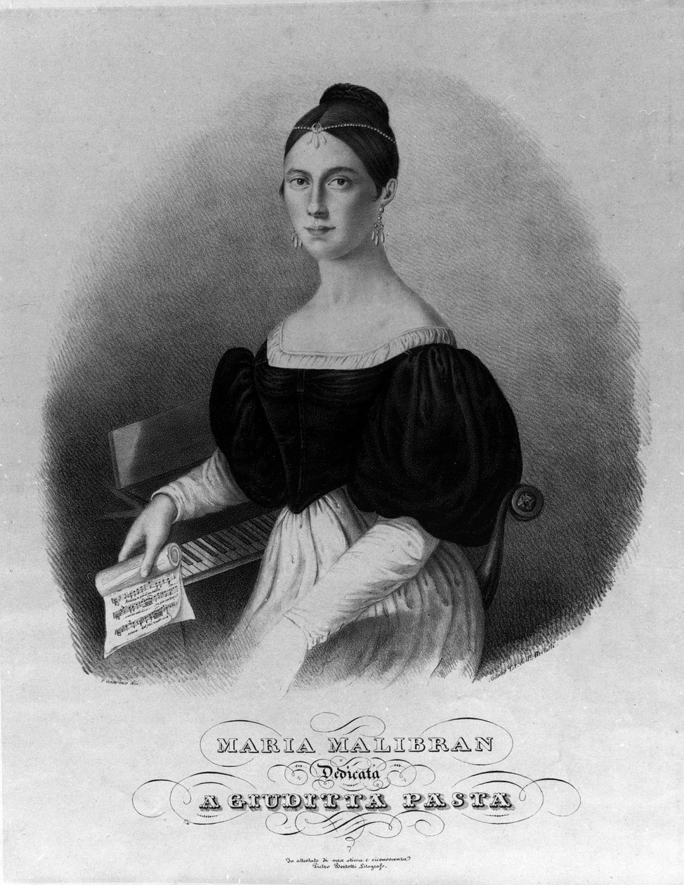 Portret Marii Garcii zwanej śpiewaczką Malibran (1808-1836), rycina poświęcona makaronowi Giuditta. autorstwa Unknown artist