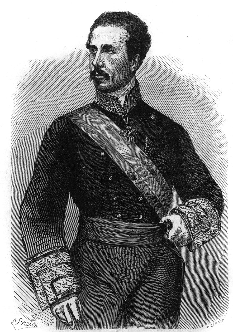 Portret Marii Ferdynanda Francois z Asyżu Burbon, króla Hiszpanii (1822-1902). Grawerowanie w „Wspaniałym Wszechświecie” autorstwa Unknown artist