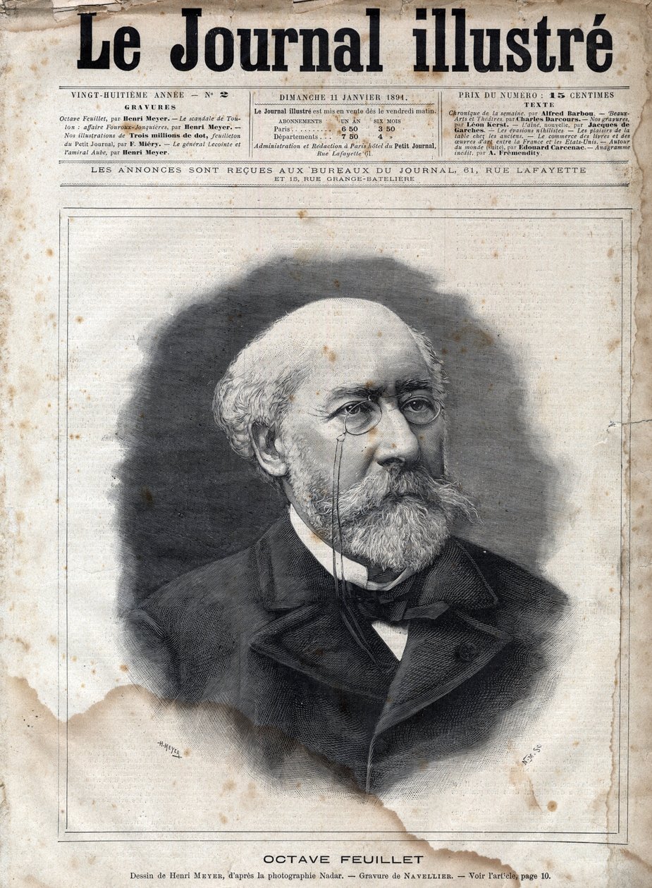 Portret Octave Feuillet (1821-1890), francuskiego powieściopisarza, dramaturga i naukowca - Grawerowanie w „Le journal illustrious”” z 1891 r. autorstwa Unknown artist
