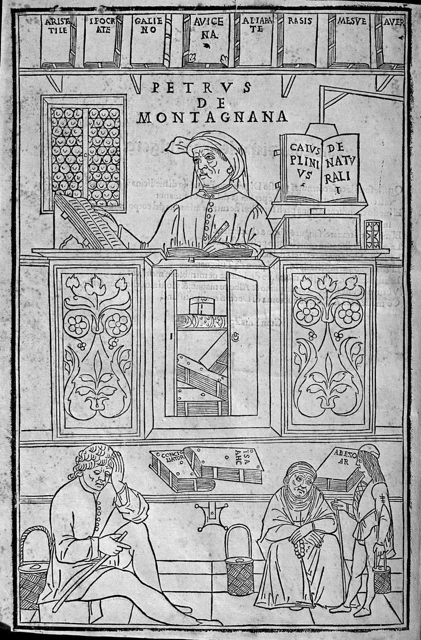 Portret Pietro da Montagnana, nauczyciela medycyny z Padwy, otoczony greckimi i arabskimi książkami medycznymi, oraz trzech pacjentów czekających na badanie moczu. autorstwa Unknown artist