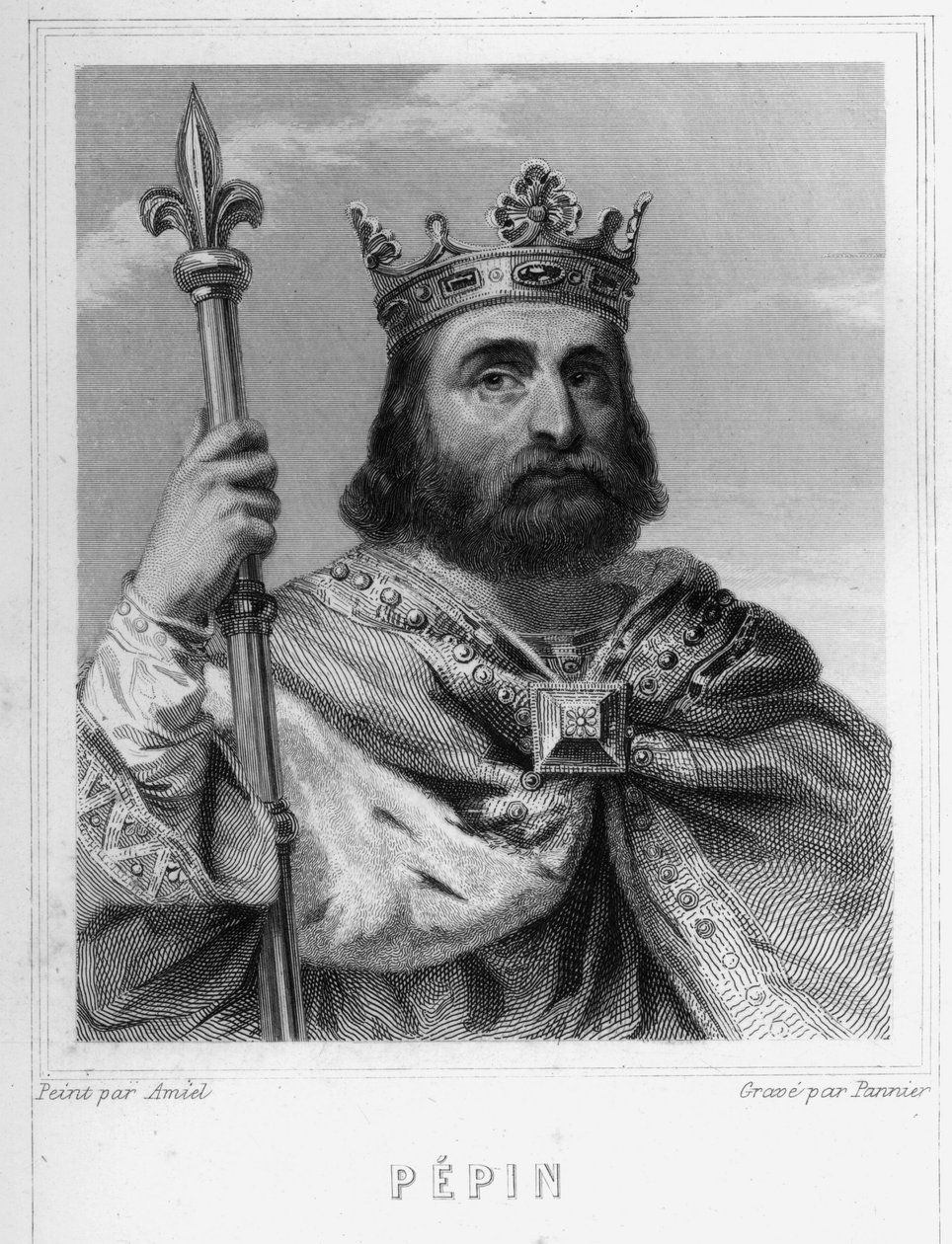 Portret Pépina le Brief (w. 714 - 768), króla franków, pierwszego z Karolingów - w „Histoire des Français” Lavallée, rycina, sd. autorstwa Unknown artist