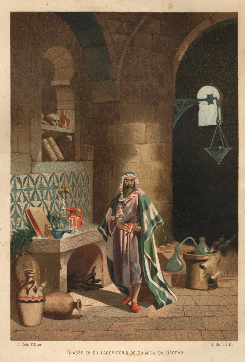 Portret Rhasesa (Rhazes, Razi, Al-Razi, Razis lub Rases) (840-923) perski naukowiec) w jego laboratorium w Bagdadzie. Barcelona 1881 autorstwa Unknown artist