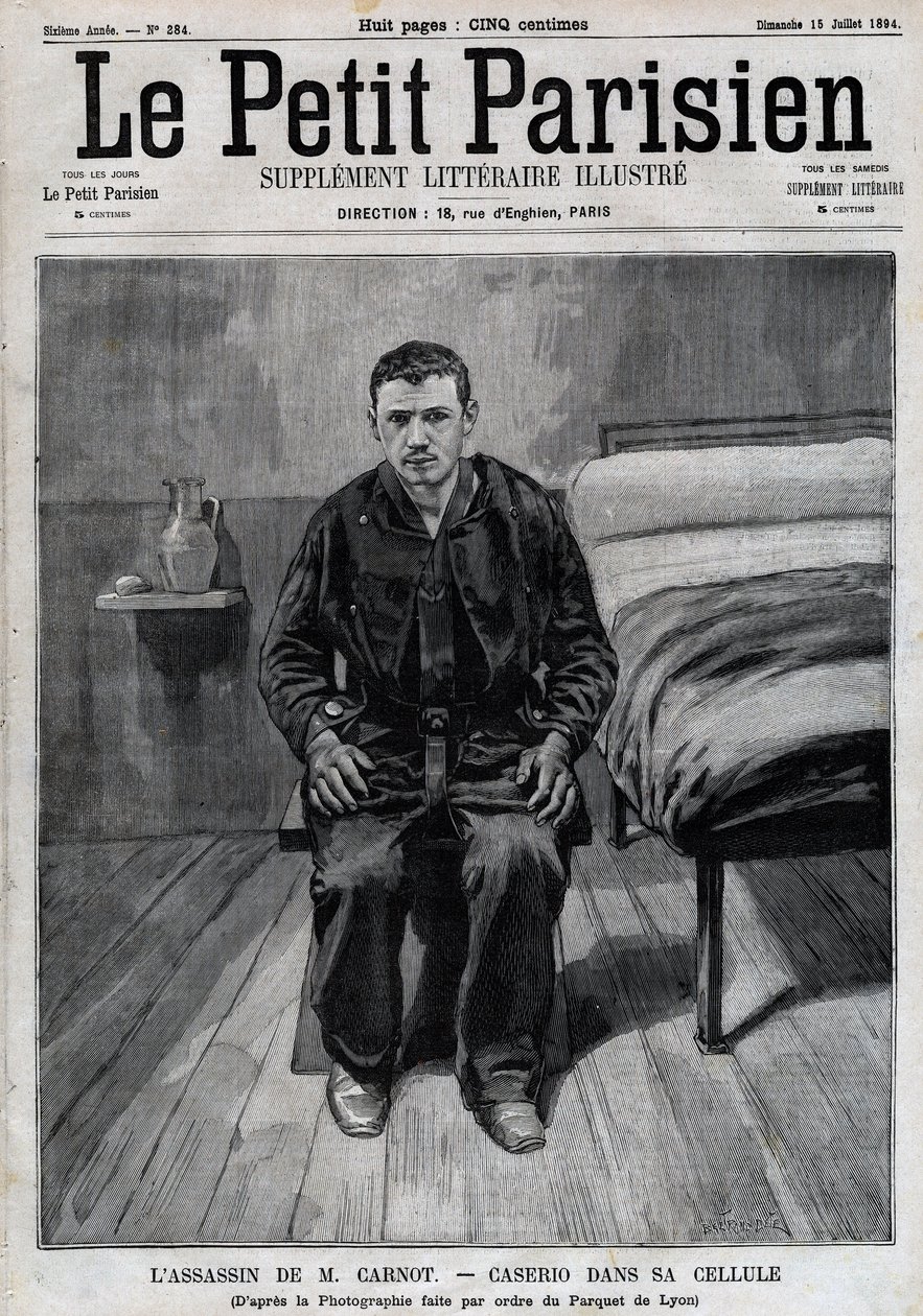 Portret Sante Caserio (1873-1894) Włoski anarchista, zabójca Sadi Carnota w więzieniu. Grawerowanie w „”Le Parisien”” autorstwa Unknown artist