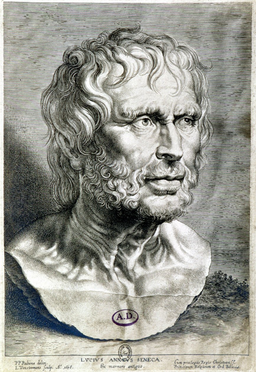 Portret Seneque (Lucjusz Annaeus Seneca, 4 pne-65 ne), filozofa szkoły stoickiej, dramaturga i rzymskiego męża stanu - Rycina 1638 - Coll Maciet, Biblioteka Sztuk Dekoracyjnych, Paryż autorstwa Unknown artist