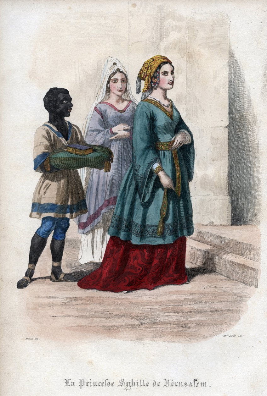 Portret Sybilli Jerozolimskiej (Jerusalem Sibylle) (ok. 1160-1190), księżniczki ówczesnej królowej Jerozolimy. Rycina z 1842 roku w „Histoire des Popes” Maurice