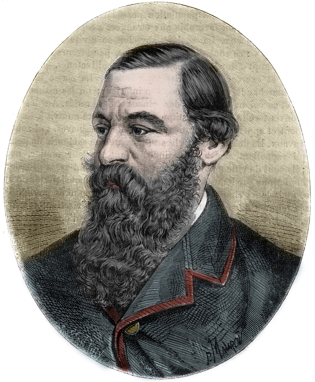 Portret sir Samuela Bakera (1821-1893) grawerunek z „”Picturesque Histoire des grands voyages au 19th century”””. 1877 autorstwa Unknown artist