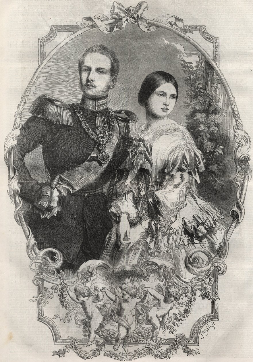 Portret Ich Królewskich Wysokości, księżniczki Wiktorii (1840-1901) (królowej Wiktorii) i księcia pruskiego Fryderyka Wilhelma (1831-1888). Grawerunek z 1858 roku. autorstwa Unknown artist