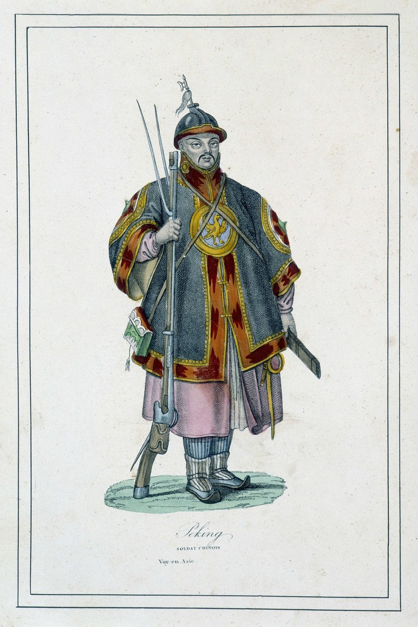Portret chińskiego żołnierza w zbroi - w „Różne ludy ziemi” autorstwa Abbé Jouhanneaud, Librairie des bons livres autorstwa Unknown artist