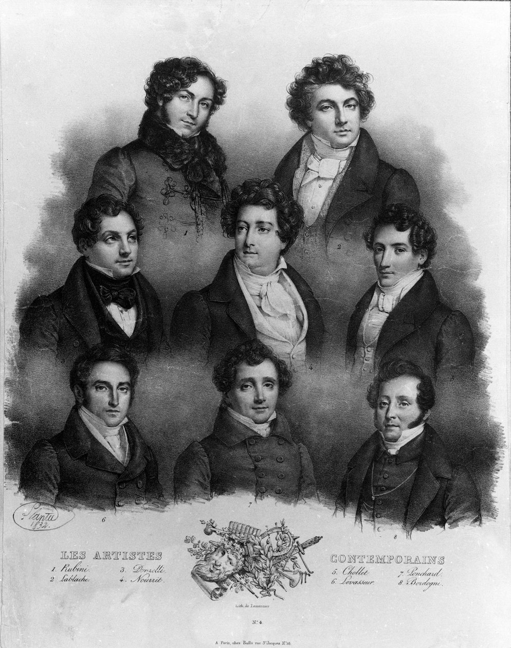 Portret różnych śpiewaków operowych: 1 Giovanni Battista Rubini (1794-1854) 2 Luigi Lablache (1794-1858) 3 Domenico Donzelli (1790-1873) 4 Adolphe Nourrit (1802-1839) 5 Choblet; 6 Nicolas prosper Levasseur (The Vasseur) (1791-1871) 7 Louis Antoine Ponchard autorstwa Unknown artist