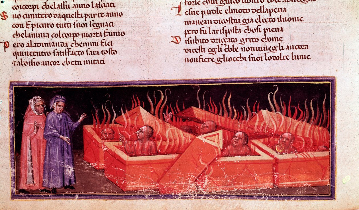 Portret włoskiego poety Dantego Alighieri wśród heretyków Wergiliusza (pieśń X piekła, w Boskiej Komedii) - Miniatura autorstwa Unknown artist