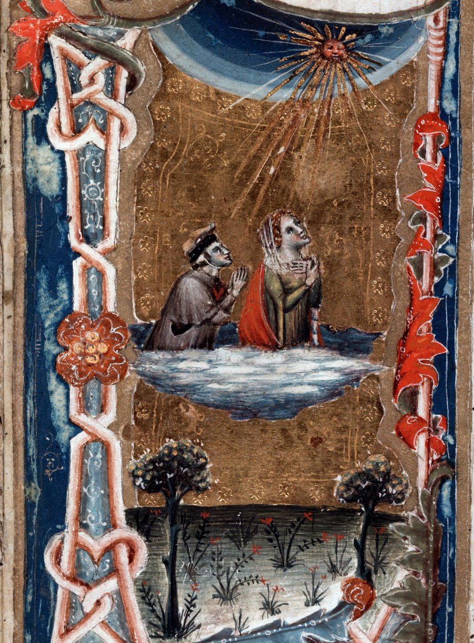 Portret włoskiego poety Dantego Alighieri z Beatrice w Boskiej Komedii - miniatura autorstwa Unknown artist