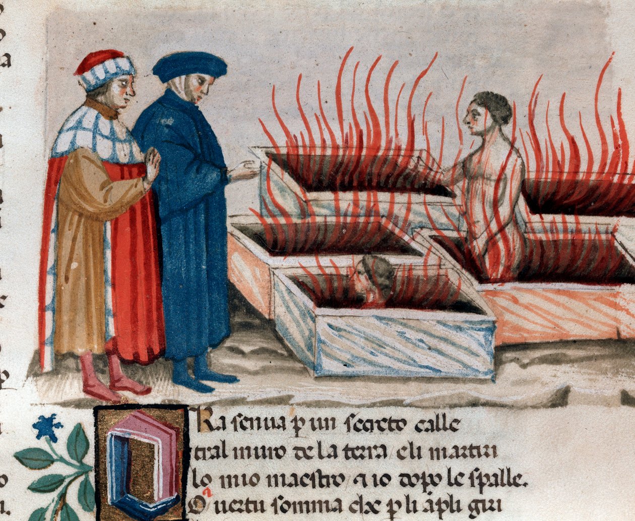 Portret włoskiego poety Dante Alighieri z Wergiliuszem wśród heretyków jako Farinata degli Uberti (pieśń 10 z piekła, w Boskiej Komedii) - miniatura XV w. autorstwa Unknown artist