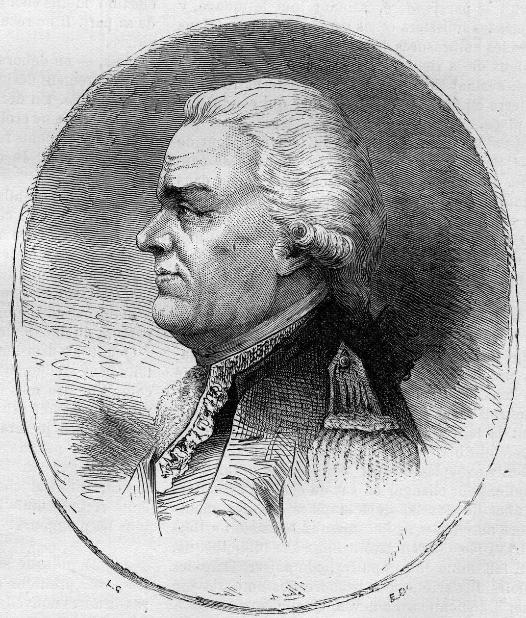 Portret hrabiego Grasse (Francois Joseph Paul, markiz de Grasse Tilly) (1722-1788), admirała francuskiego, który brał udział w amerykańskiej wojnie o niepodległość (1775-1783). Grawerowanie z 1881 roku. autorstwa Unknown artist