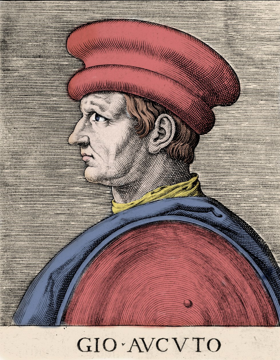 Portret angielskiego najemnika i kondotiera Johna Hawkwooda (Jean Haccoude lub Giovanni Acuto) (1320-1394) Ksylografia z XVI wieku autorstwa Unknown artist