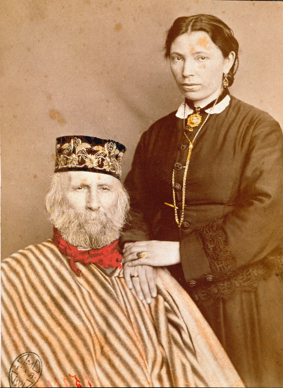 Portret włoskiego patrioty i bohatera Risorgimento Giuseppe Garibaldi (1807-1882) z trzecią żoną Francescą Armosino autorstwa Unknown artist