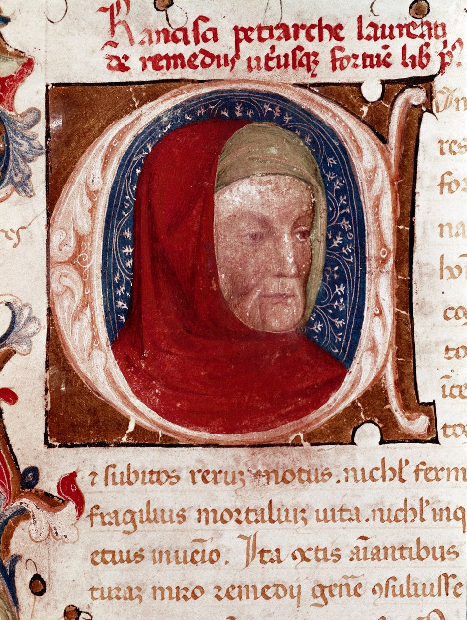 Portret włoskiego poety Francesco Petrarca (Petrarque) (1304-1374) Detal. Strona zaczerpnięta z rękopisu „Les remedes aux deux fortunes” (De remediis Utriusque Fortunae) Petrarki. 1360-1366 Wenecja, Biblioteca marciana autorstwa Unknown artist