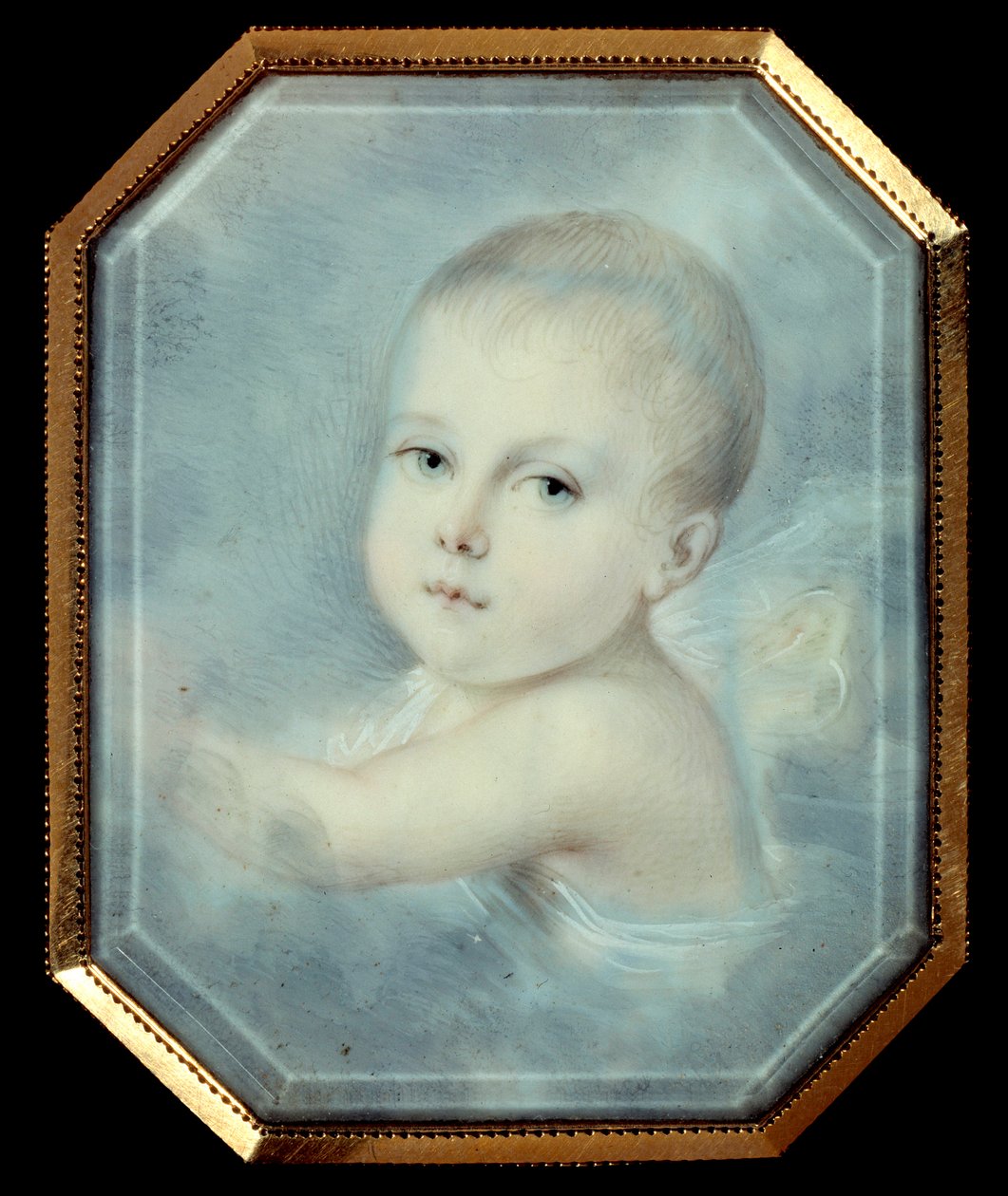 Portret króla Rzymu bebe (1811-1832), syna cesarza Napoleona I (1769-1821) i przyszłego Napoleona II. Anonimowy ośmiokątny medalion z XIX wieku. Akwarela pod szkłem. Paryż, Musee De La Legion d