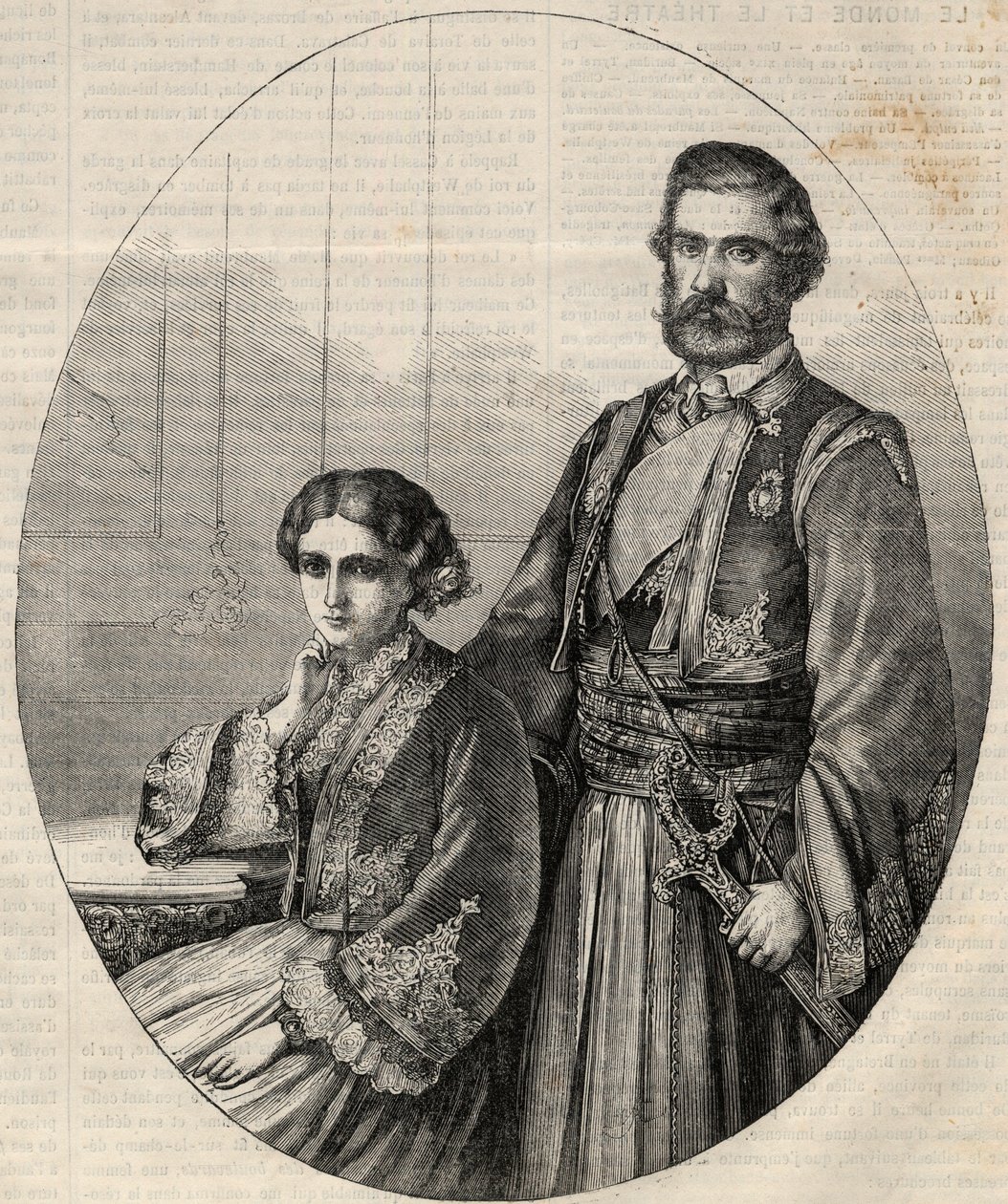 Portret księcia Serbii Michała III (1823-1868) i księżniczki Julii (1831-1919). Grawer w „”L