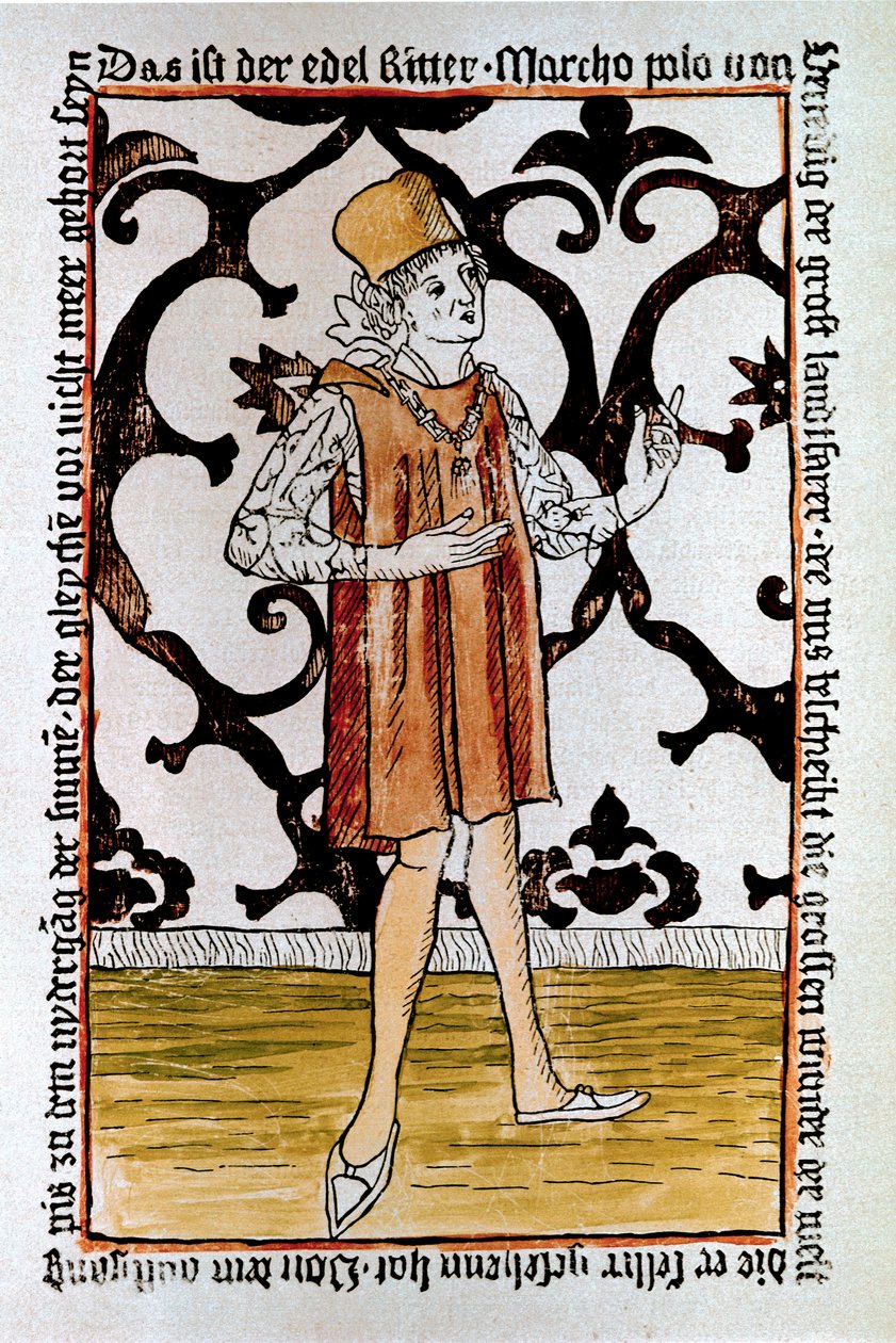 Portret weneckiego odkrywcy Marco Polo (1254-1324) Frontyspis pierwszego wydania „Il Milione: Księga cudów” („Waluta świata”) Norymberga autorstwa Unknown artist