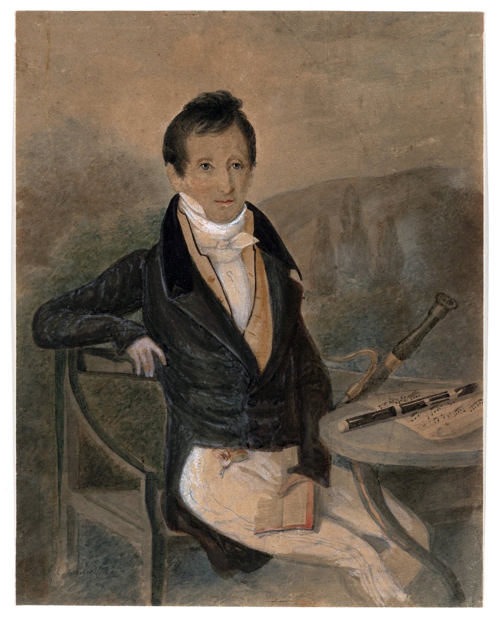 Portret flecisty Jean-Louis Tulou (1786-1865) par. 1840 - Akwarela i biały kolor na papierze, 20,6x16,2 - Kolekcja prywatna autorstwa Unknown artist