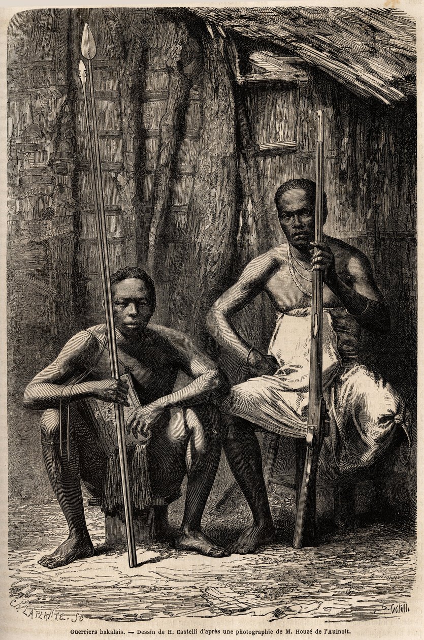Portret dwóch wojowników Bakali. Rysunek H. Castelli, ilustrujący podróż do Gabonu w latach 1861-1864 doktora Gryfona du Bellay. Grawerowanie w „”Le tour du monde””, pod redakcją Edouarda Chartona autorstwa Unknown artist