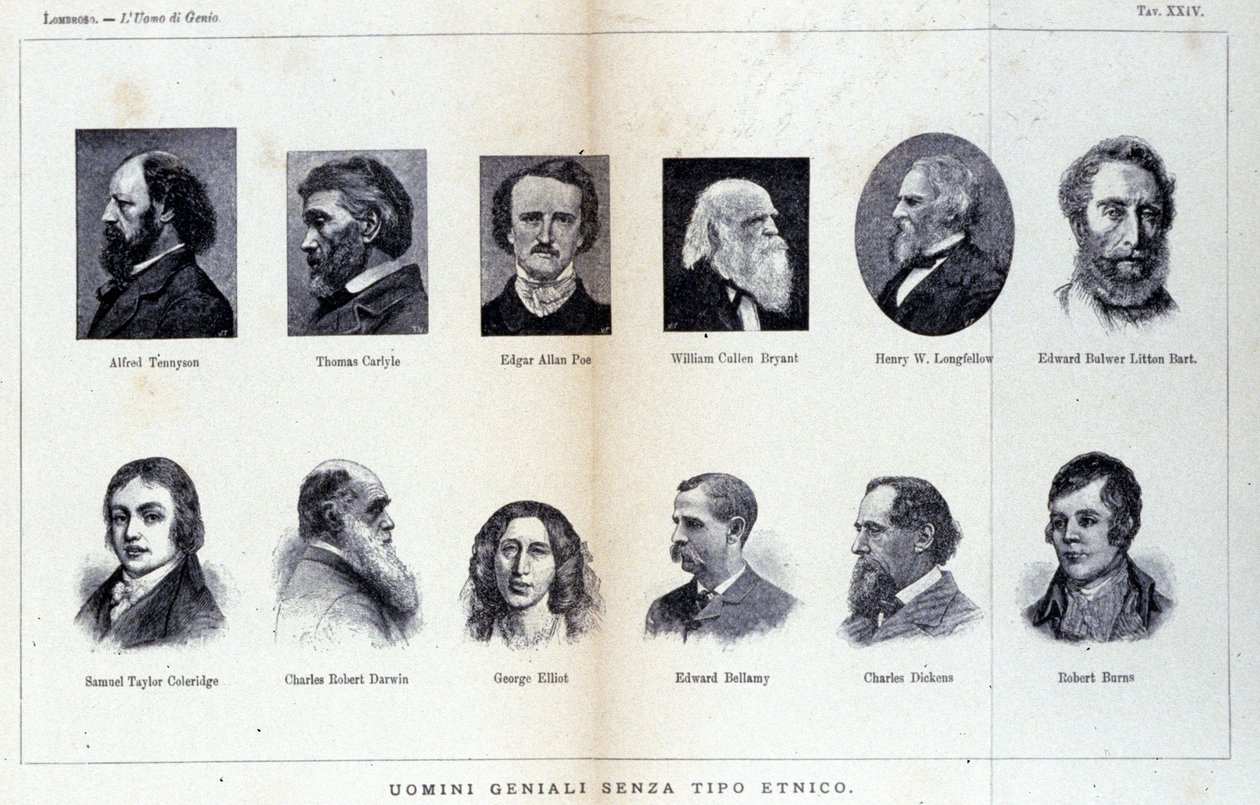Portrety różnych genialnych ludzi. Studium opublikowane w „Człowieku geniuszu” Cesare Lombroso (1835-1909) autorstwa Unknown artist